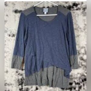 Size L Sundays women’s Two Raw Edge High Low blue& Gray Tunic Top